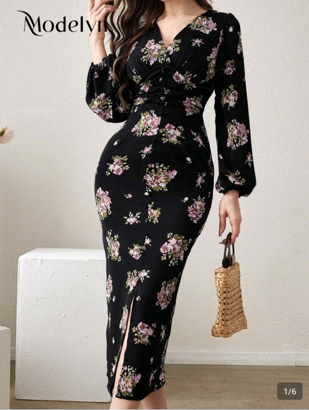 Black Floral Long Sleeve Midi Dress